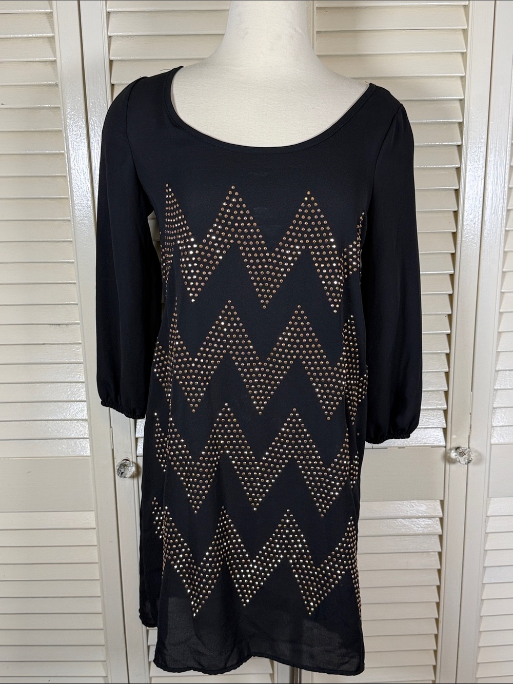 Rue21 Black Mini Dress with Gold Studded Chevron Pattern - Size Small